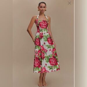 Floral Halter Midi Dress in Red Rose